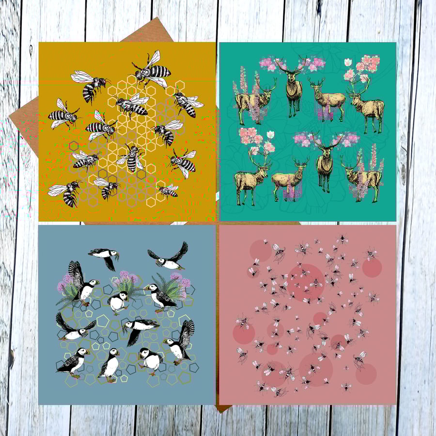 Set of Animal Greetings Cards 1 - Pack of Blank Illustrated Cards All Occasions