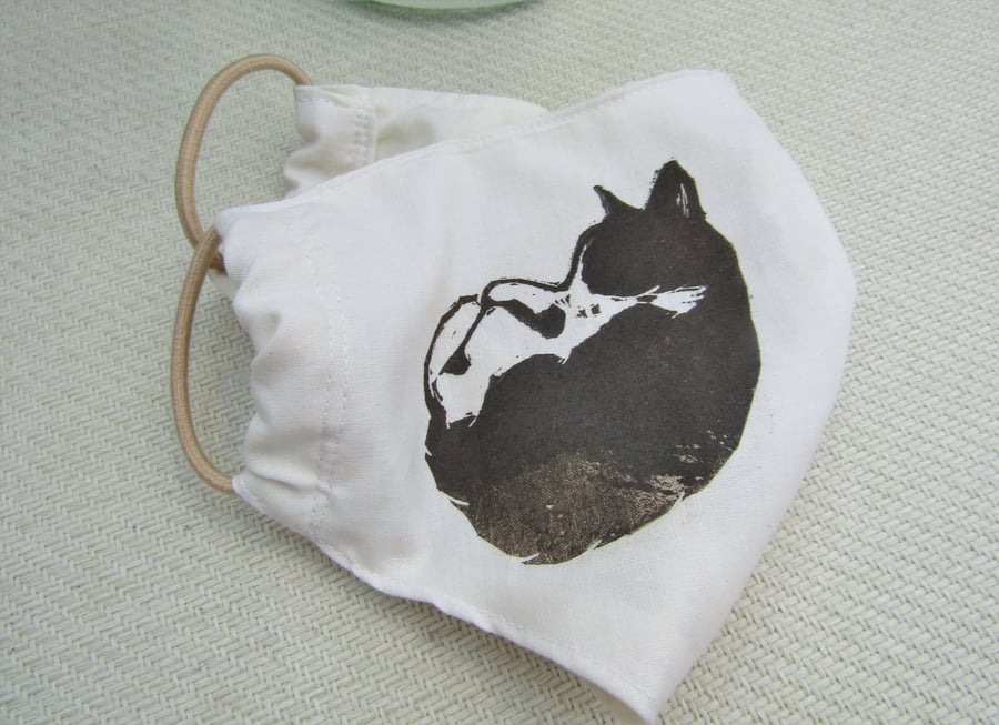 Hand Printed Black & White Cat Sleep Face Mask Reusable