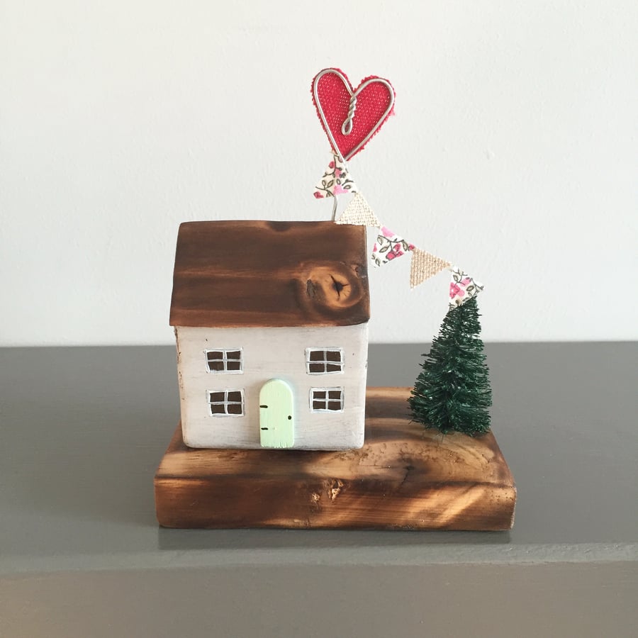 Hand crafted wooden Cottage with tree & bunting