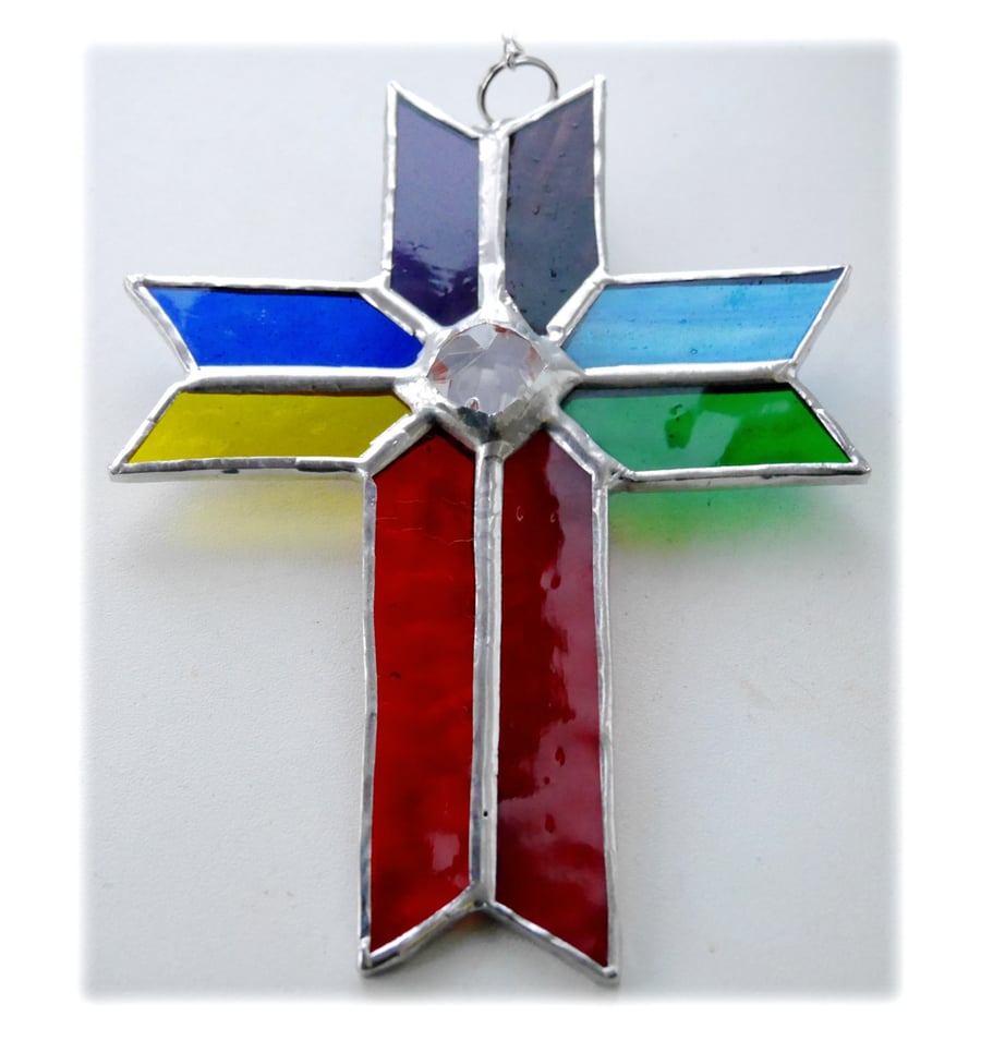 Cross Suncatcher Stained Glass Handmade Rainbow Crystal 038