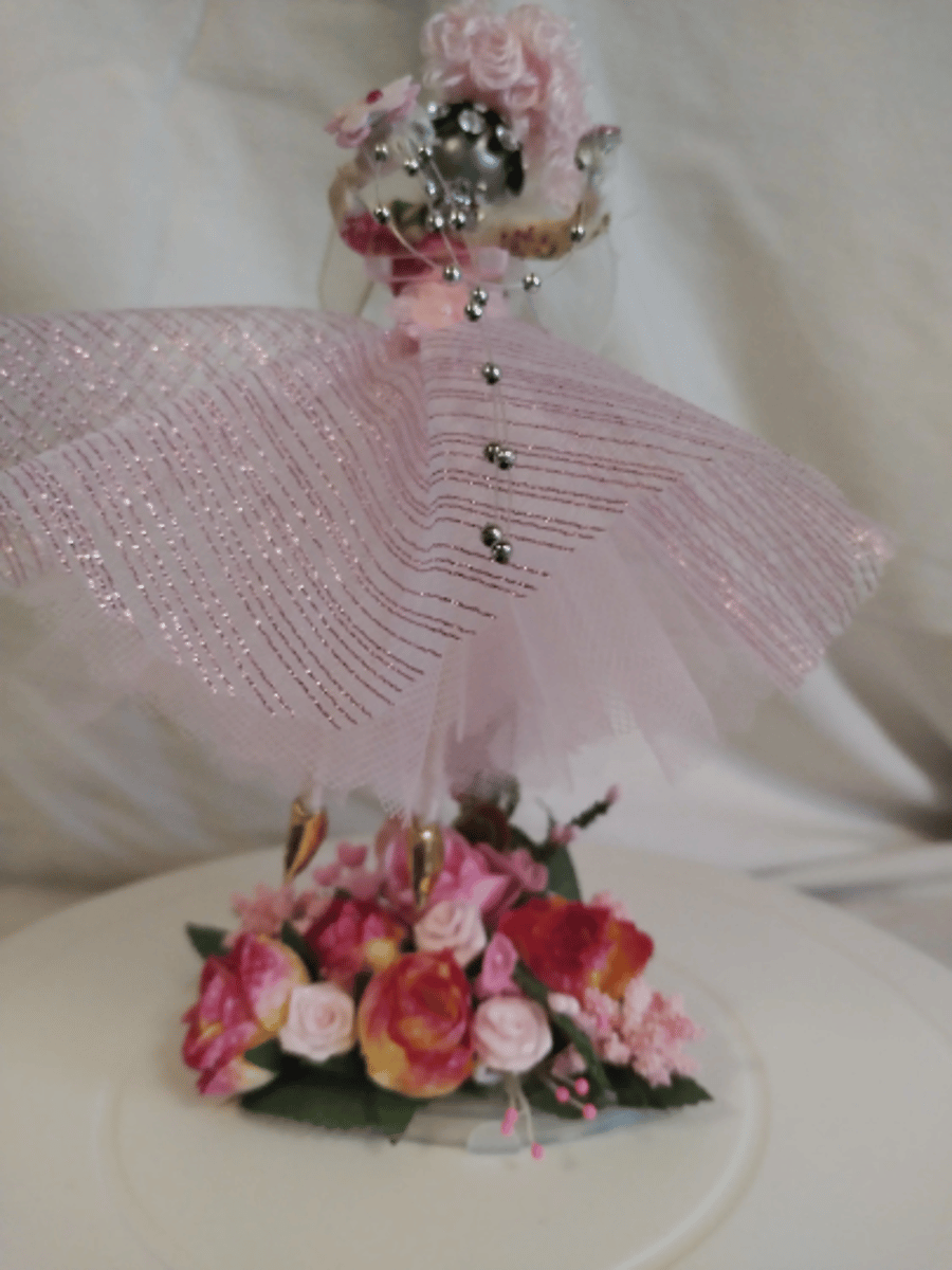 Bespoke handmade, Light pink Fairy Doll on a stand with floral display base