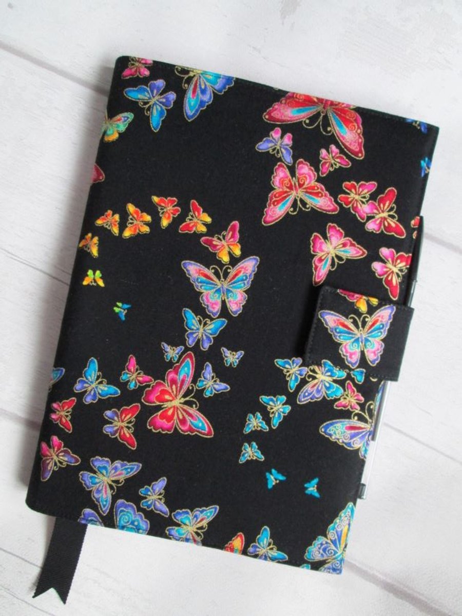 SOLD -A5 Reusable Notebook Cover, Fabric Notebook - Rainbow Butterflies on Black