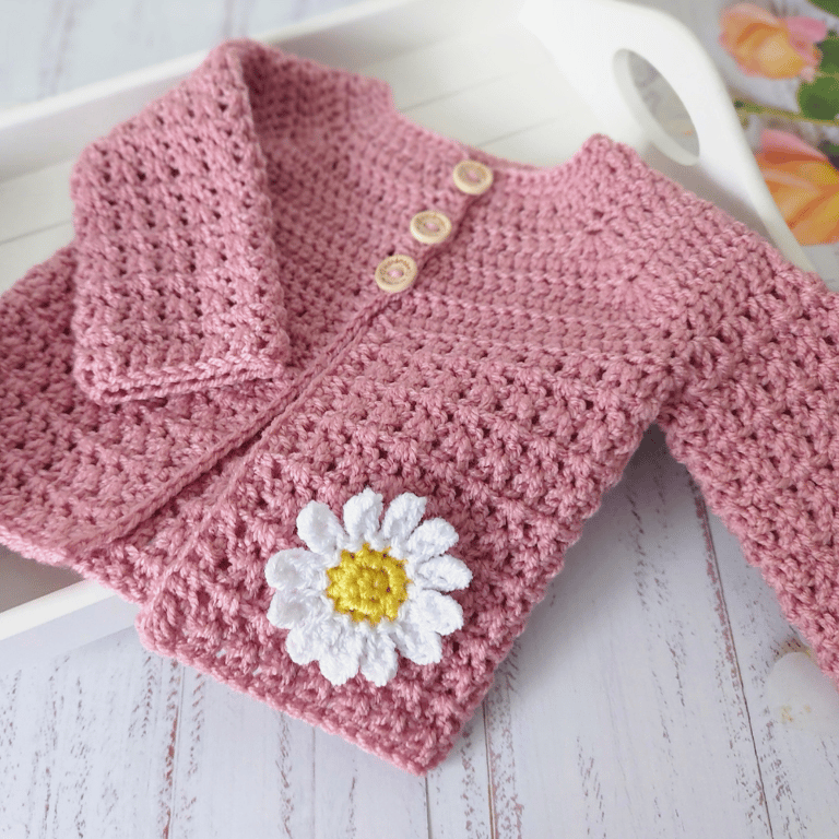 Crochet Baby Cardigan with Daisy – Handmade Gift for Newborn to 2 Years