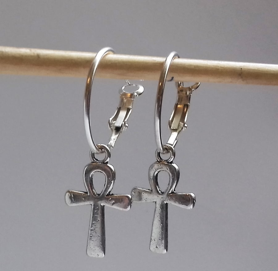 Ankh Cross Crux Hoops Charm Hoop Silver Plate Earrings 