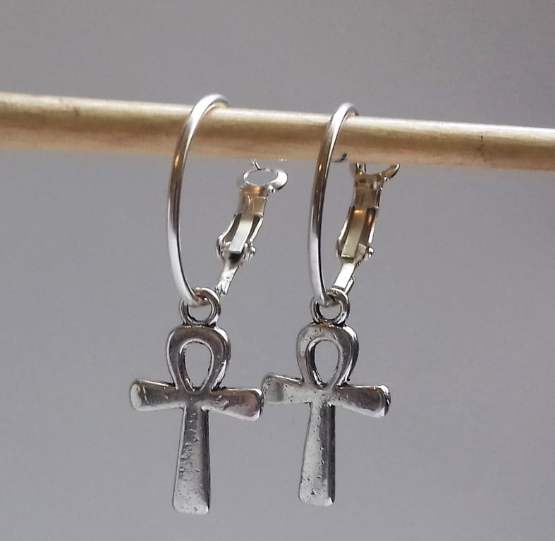 Ankh Cross Crux Hoops Charm Hoop Silver Plate Earrings 