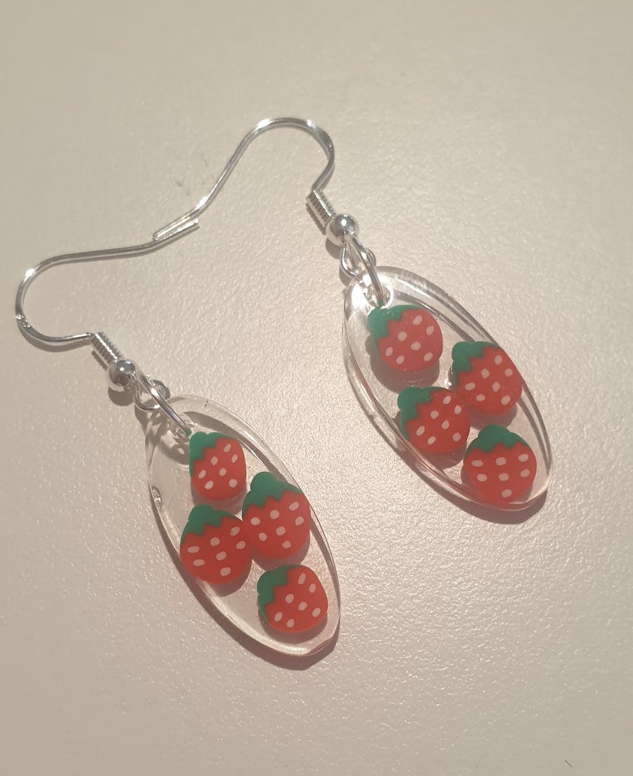 Oval strawberry resin earrings