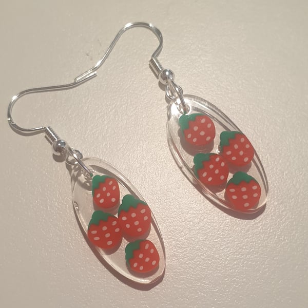 Oval strawberry resin earrings