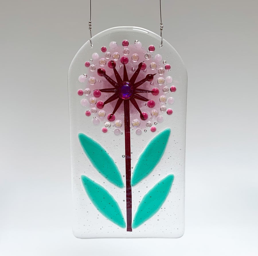 Fused Glass Pink Allium Hanging - Handmade Glass Suncatcher
