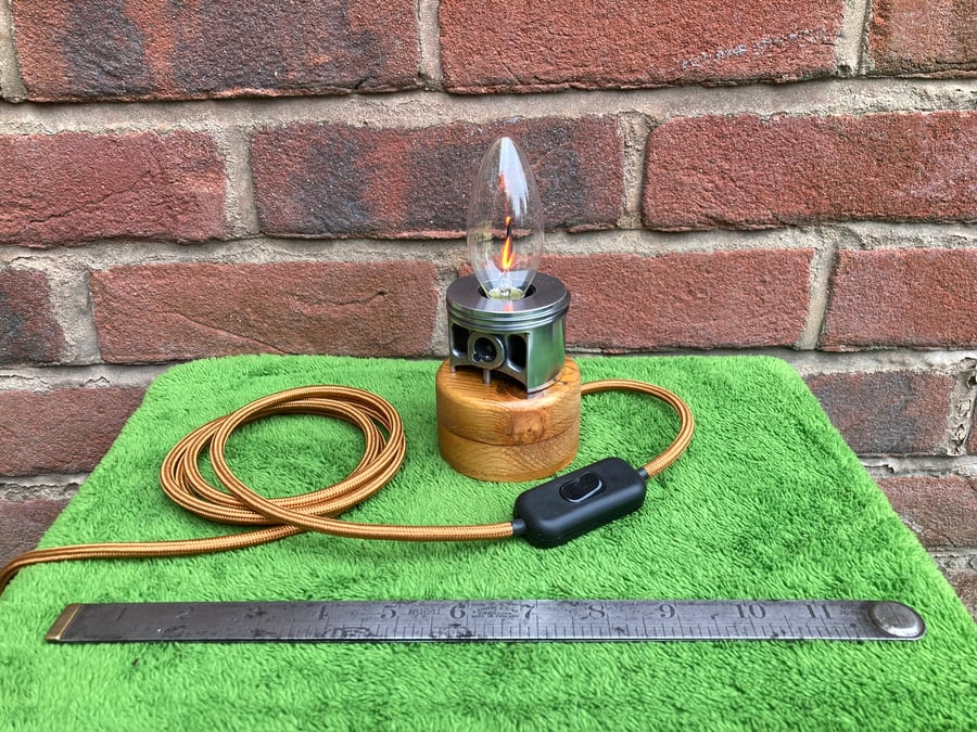 Chainsaw Piston Table Lamp with Flickering Flame Effect Bulb – No. 2
