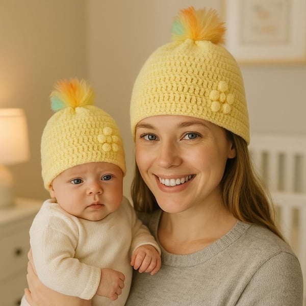 Matching ladies and baby lemon crocheted hats with detachable faux fur pompoms 