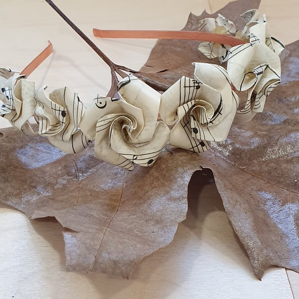 Vintage Sheet Music Origami Rose Crown: Eco-Friendly Bridal Hair Accessory
