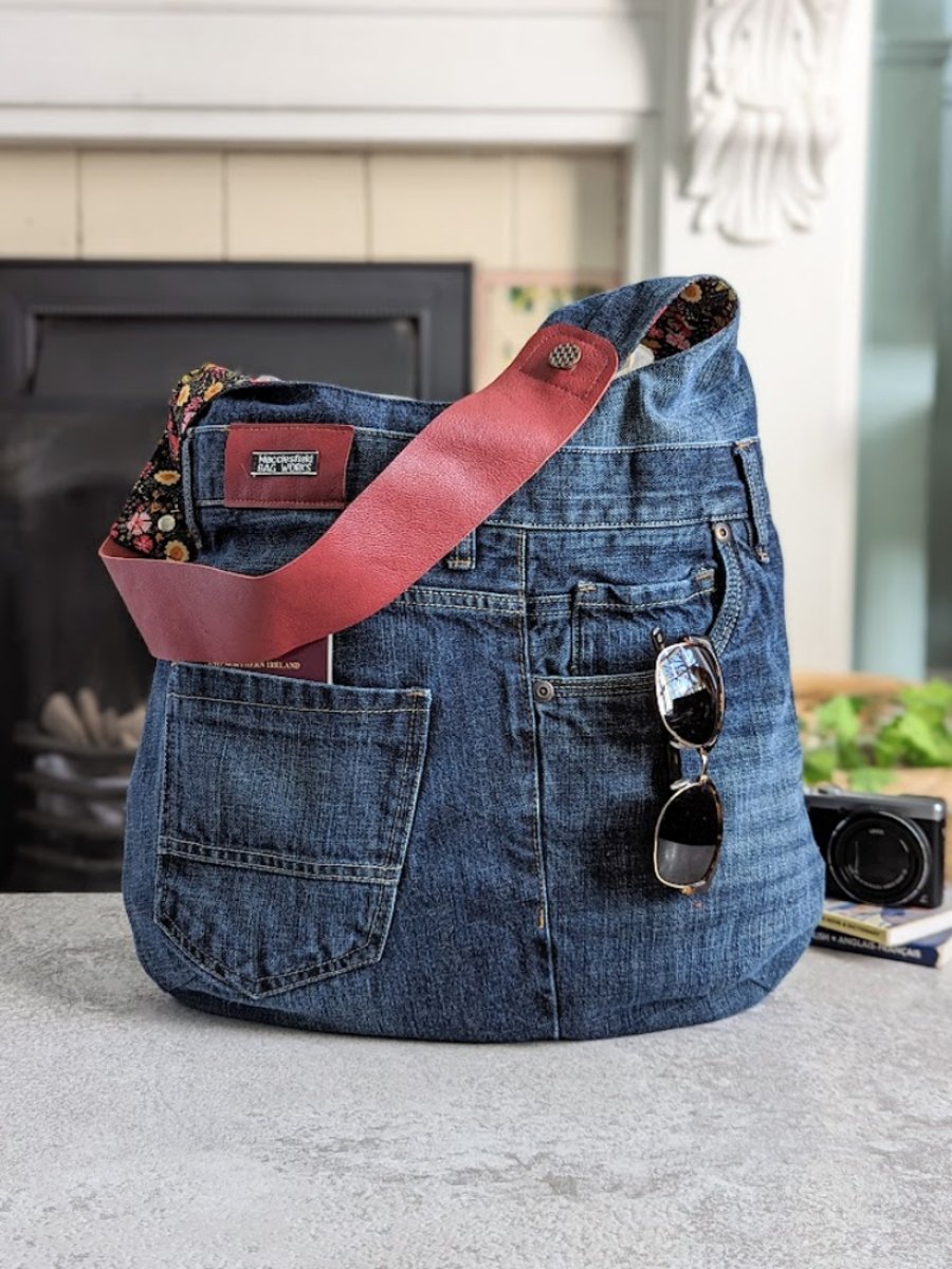 Denim Bag Large Shoulder Tote Bag with Leather Strap and Ditsy Lining