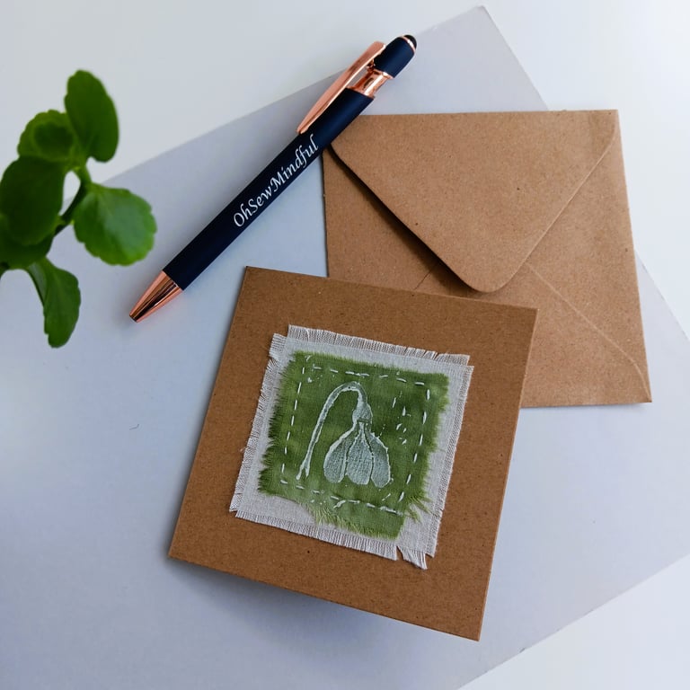 Textile Card with Hand Printed Snowdrop