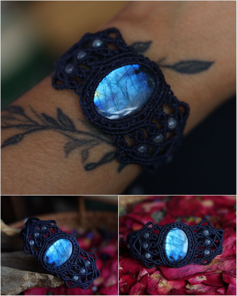 Macrame withnatural stones Labradorite bracelet in navy.