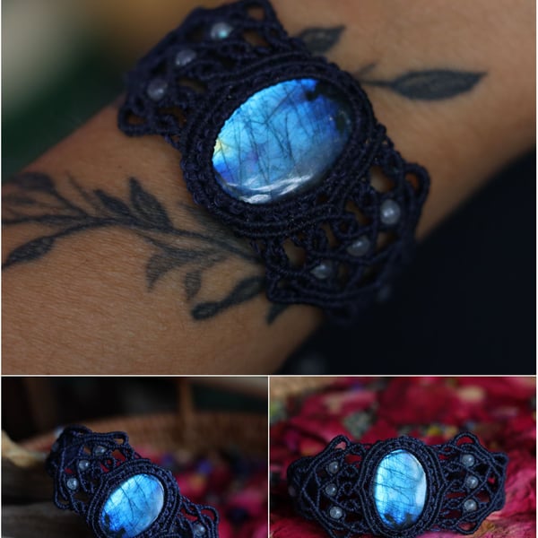 Macrame withnatural stones Labradorite bracelet in navy.