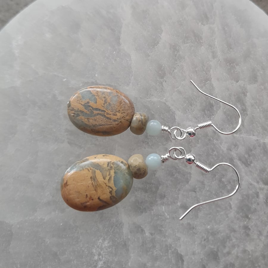 Snake Skin Jasper Amazonite Silver Plated  Earrings