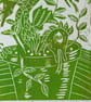 Snap dragons in green.  Original Lino print.  Gift for gardeners  - Image 2