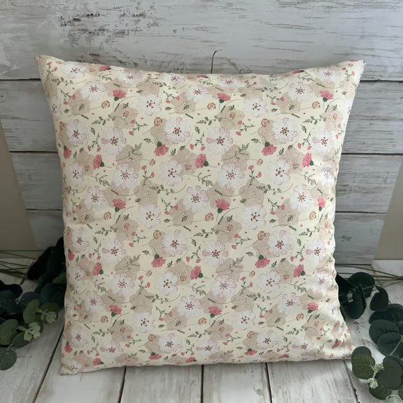 Square Cushion in a Floral Pink & Beige cotton & linen fabric - Home Decor