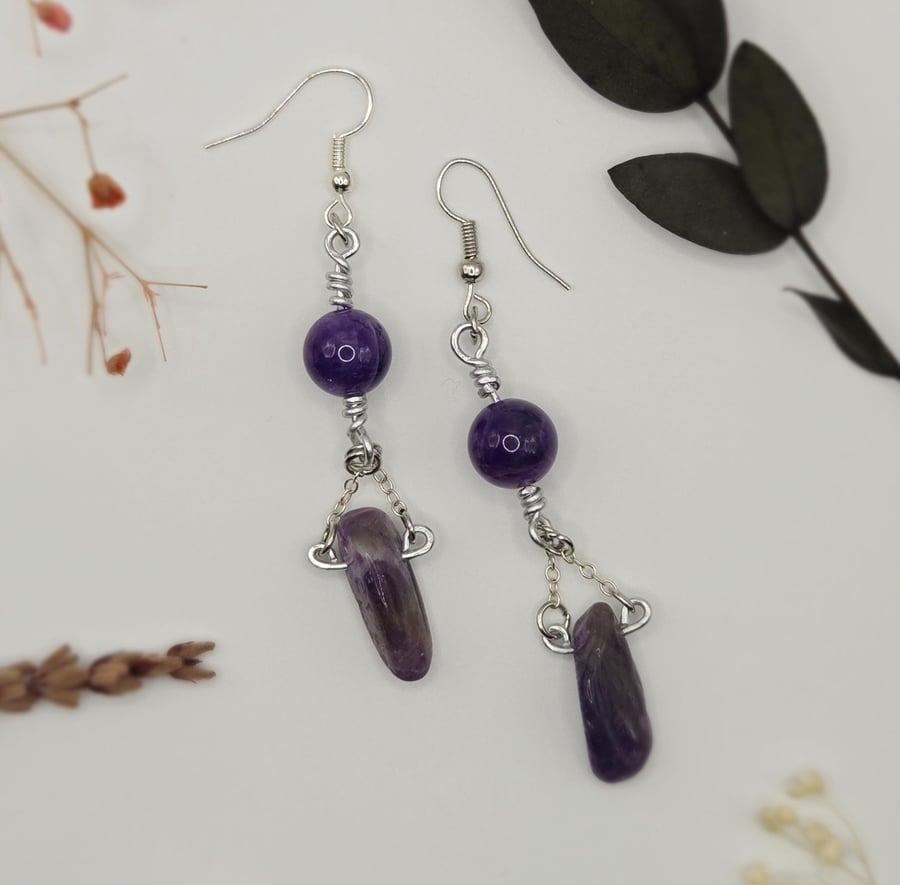 Handmade silver dangle earrings with polished amethyst beads