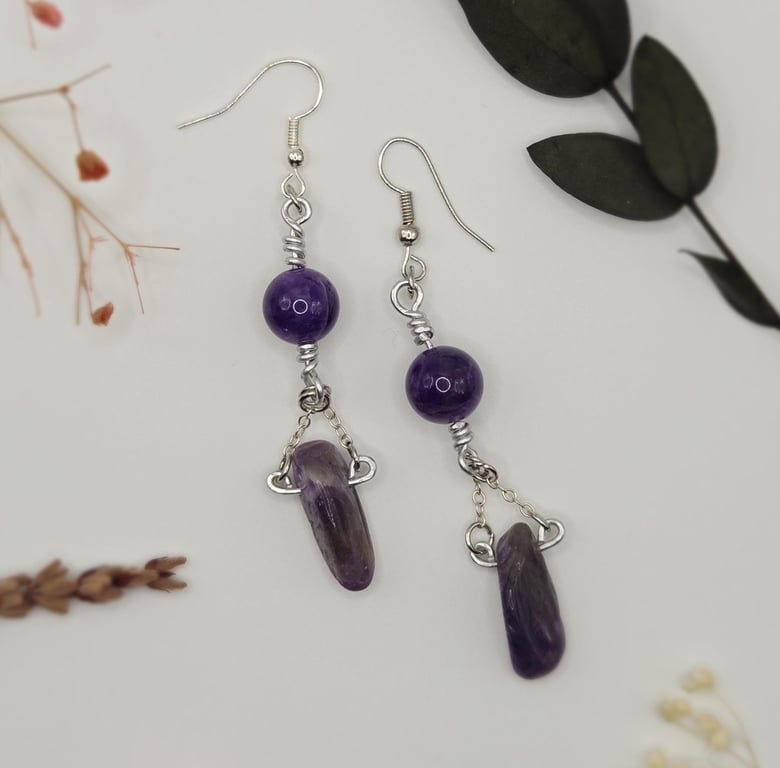 Silver amethyst dangle earrings with polished gemstone beads