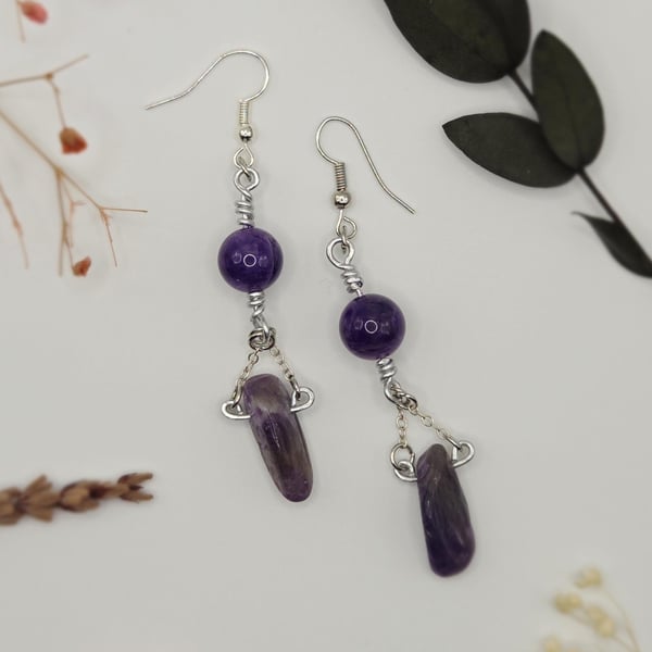 Handmade silver dangle earrings with polished amethyst beads