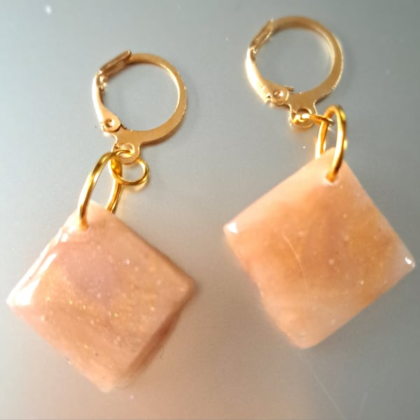 Handmade square shaped gold and glitter pair of earrings