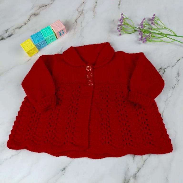 Hand Knitted Red Baby Cardigan with Lace and Peter Pan Collar, 0-3 Months
