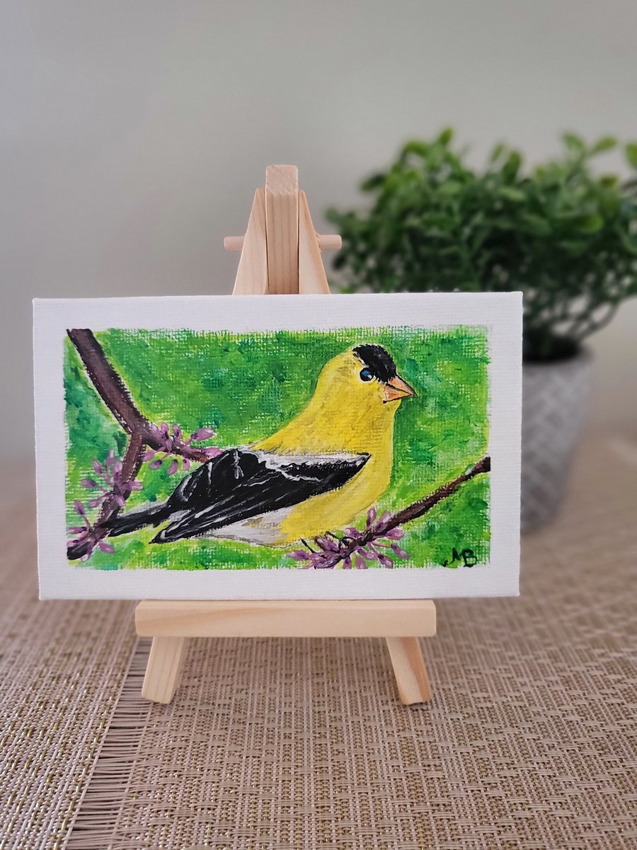 Original mini canvas board painting bird