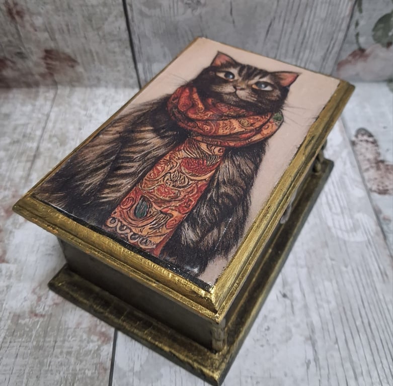 Quirky Vintage Cat In Scarf Handcrafted Jewellery Trinket Box 