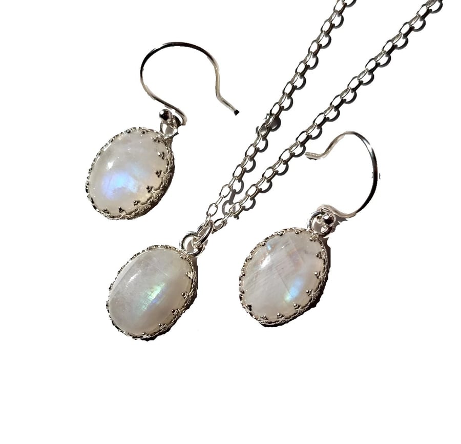 Moonstone Necklace Earrings Jewellery Gift Set Sterling Silver Blue Flash 