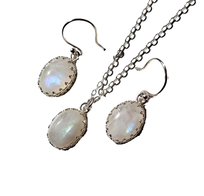 Moonstone Necklace Earrings Jewellery Gift Set Sterling Silver Blue Flash 