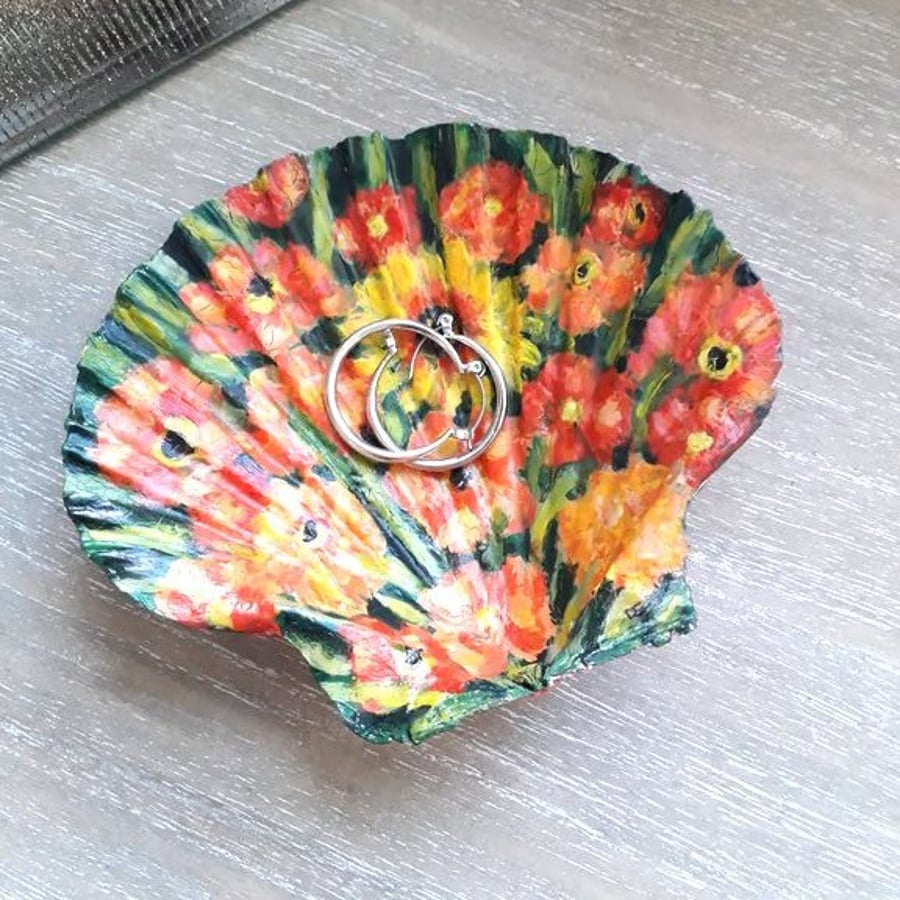 Orange Geums handpainted shell trinket dish