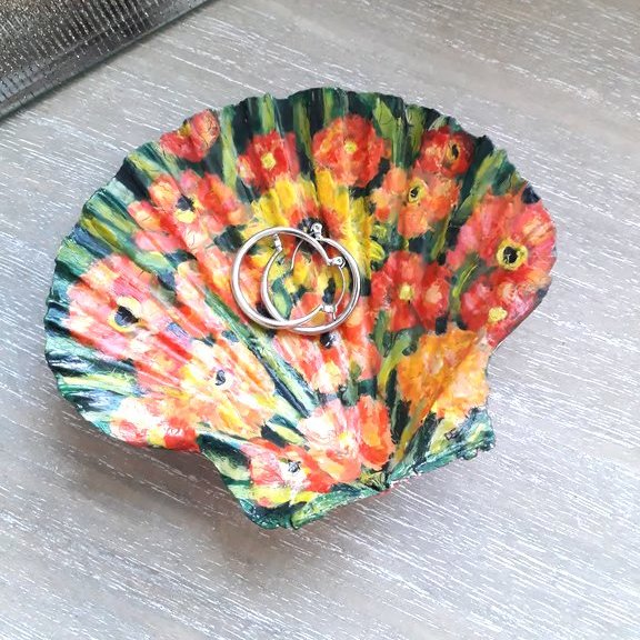 Orange Geums handpainted shell trinket dish