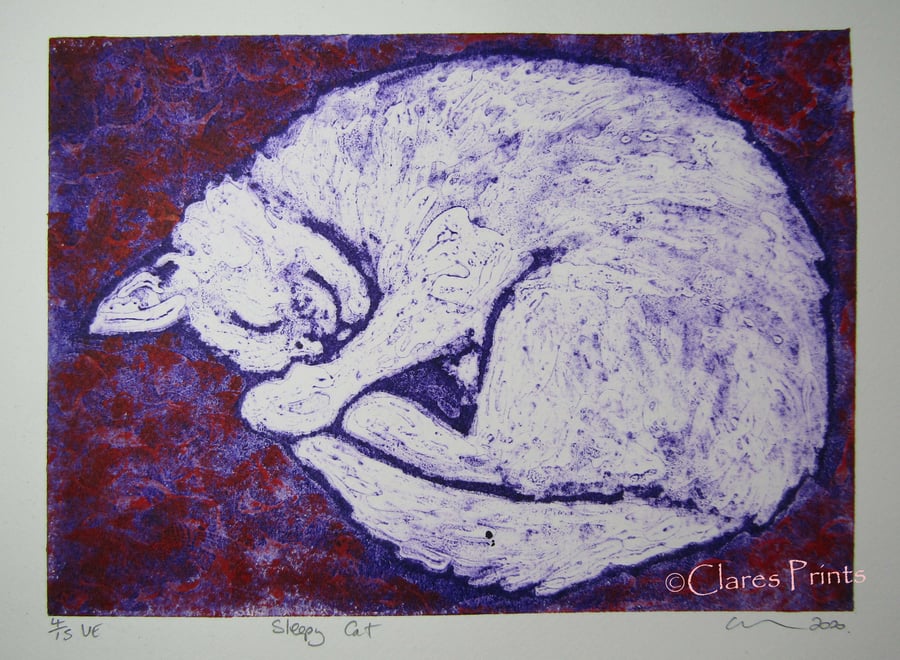 Sleepy Cat Blue Limited Edition Original Collagraph Print Art Cat