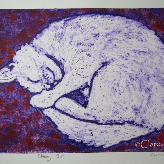 Sleepy Cat Blue Limited Edition Original Collagraph Print Art Cat