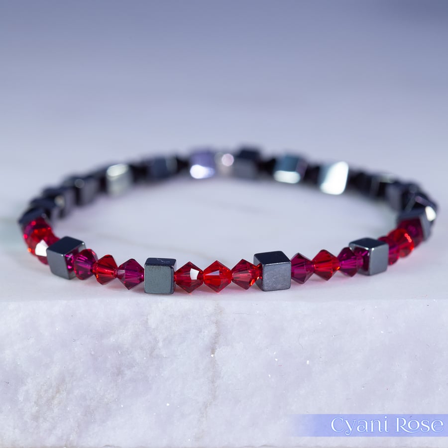 Swarovski and Hematite stretch beaded bracelet red pink black