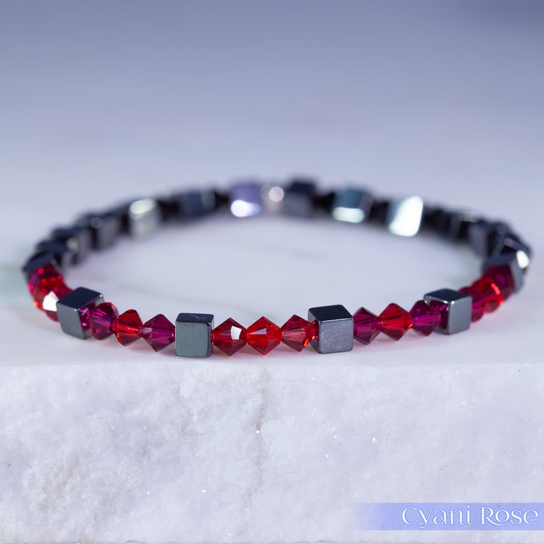 Swarovski and Hematite stretch beaded bracelet red pink black