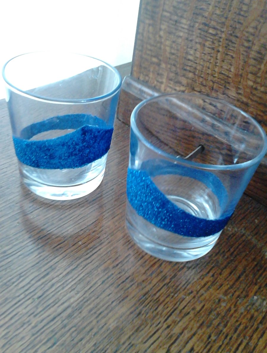 Oblique design glitter glasses - blue sparkle set of 2