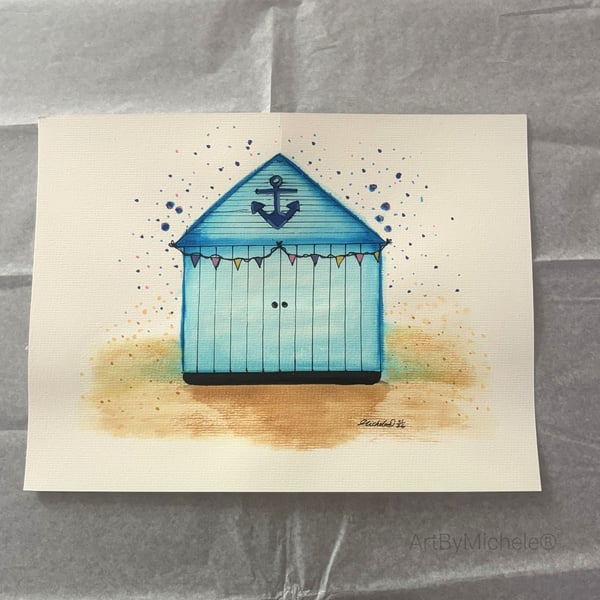 Soft & Whimsy Beach Hut Original Artwork, 9x12, Mixed Media