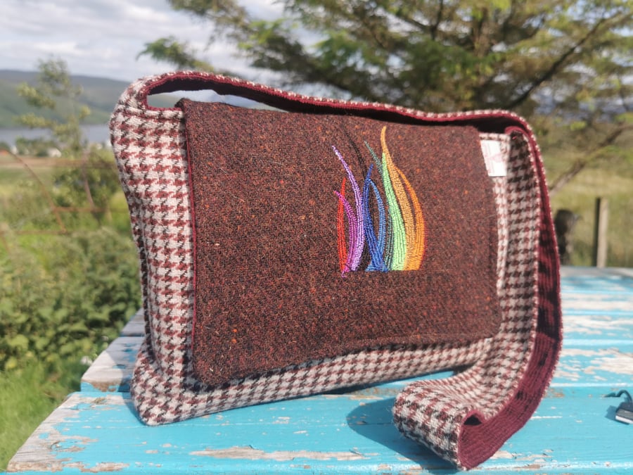 Harris Tweed crossbody bag with embroidered Flames 
