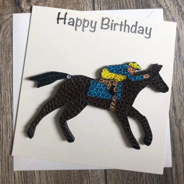 Stunning handmade quilled racehorse card