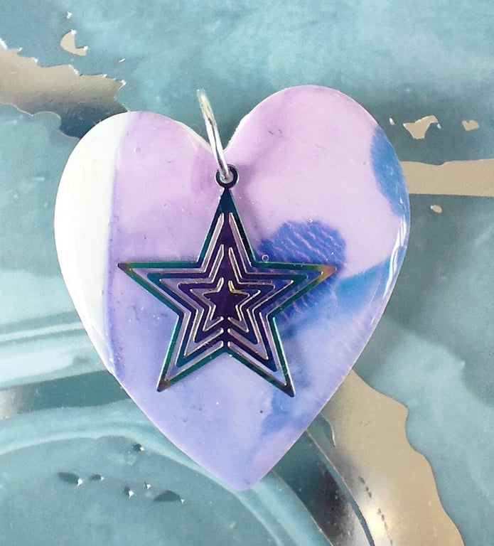 Large Valentine Heart Pendant With Rainbow Star Charm