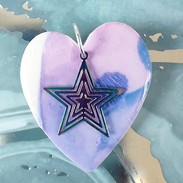 Large Valentine Heart Pendant With Rainbow Star Charm