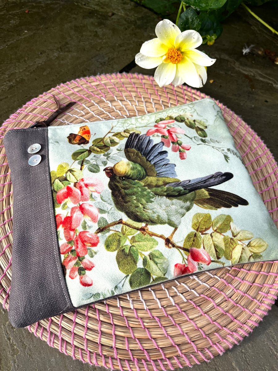 Little green bird velvet zip pouch with pearl buttons and floral lining