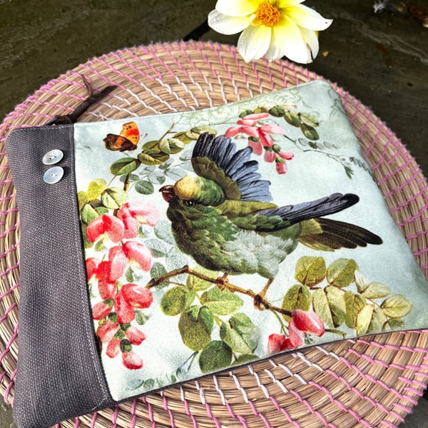 Little green bird velvet zip pouch with pearl buttons and floral lining