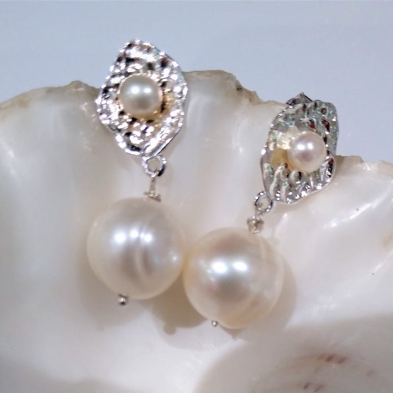 Pearl Sterling Silver Drop Stud Earring, Bridal Silver & Pearl Fancy Earrings