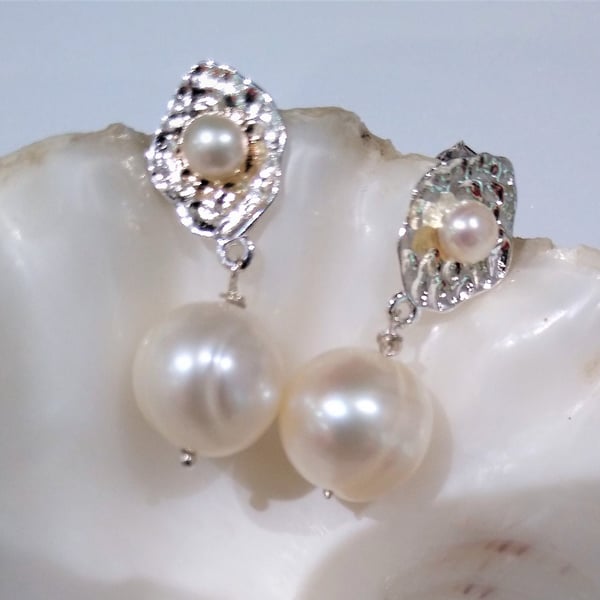 Pearl Sterling Silver Drop Stud Earring, Bridal Silver & Pearl Fancy Earrings