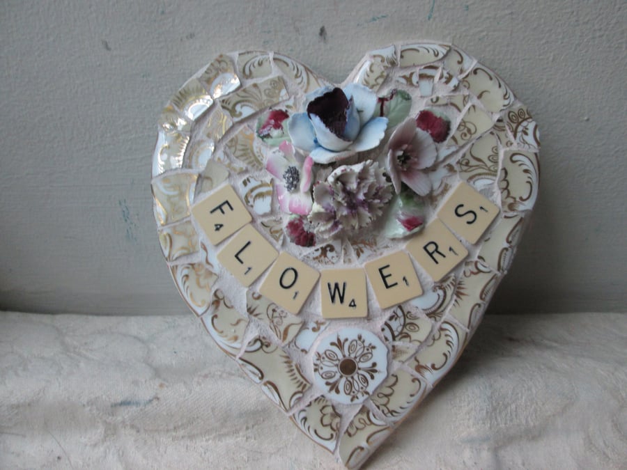 Mosaic Heart with Flowers and Scrabble tiles