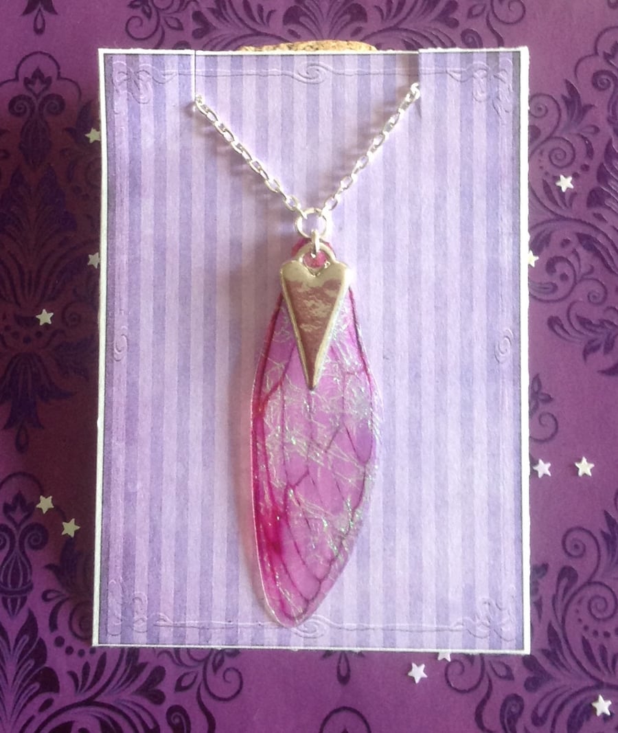 Silver Heart & Pink Fairy Wing Long Silver Iridescent Necklace