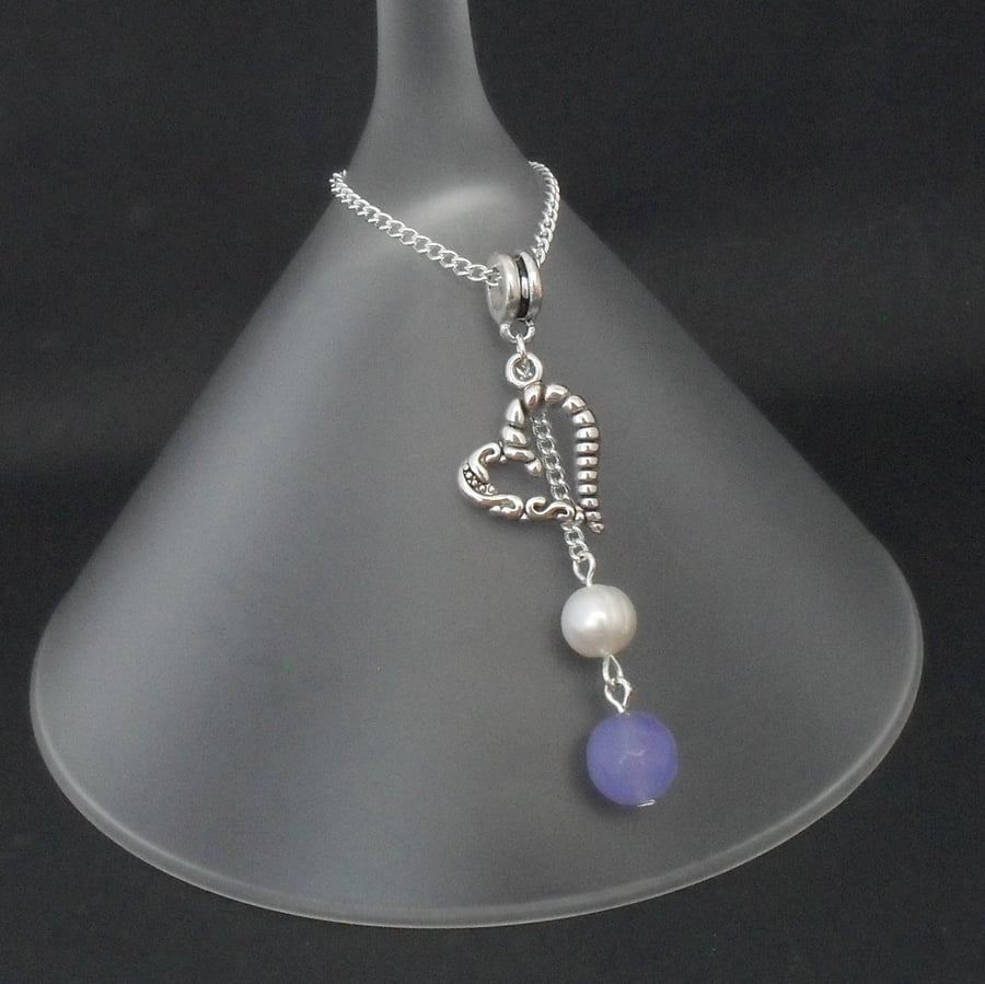 Lavender alexandrite, pearl and heart charm necklace